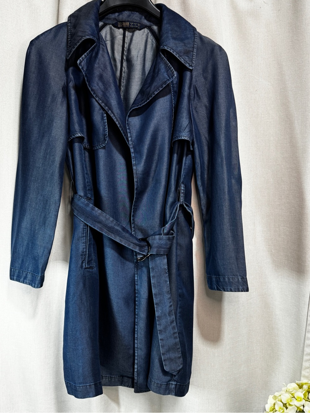 ZARA BASIC Denim Couture Women's Blue Belted Trench Coat w/ Pockets Size S